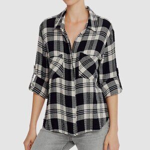 Cloth & Stone Plaid Roll Tab Textured Button Up Shirt Penguin Tail Seersucker